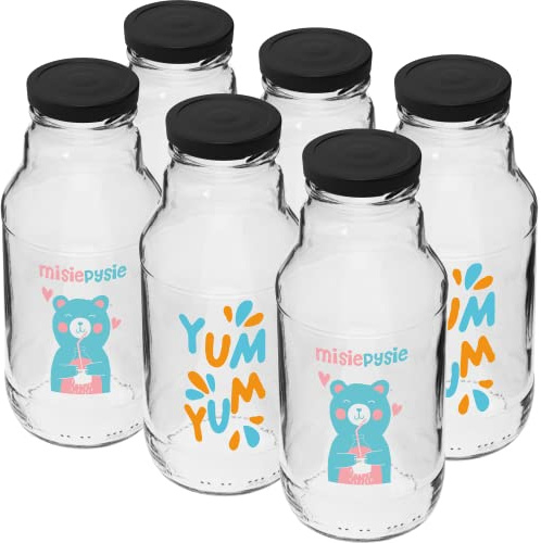Browin 631331 Botellas de Cristal de 330 ml con Tapón de Rosca TO43 - Para Zumo, Leche con Impresión y Bonitos Diseños - 6 Unidades