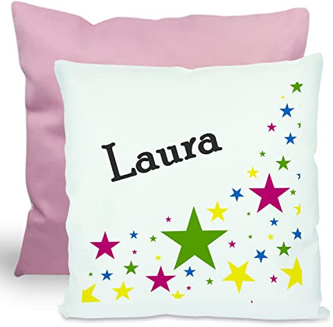 CreaDesign, Kinder Kissen 40x40 cm personalisiert mit Namen, Kinderzimmer Deko Kissen Kinder mit Füllung Federn, Motiv Sterne, Rückenfarbe Rosa