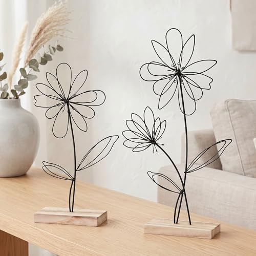 levandeo 2er Set Deko Aufsteller Draht Blume Metall Holz Schwarz Natur Deko Tischdeko Frühling Figur Wohndeko