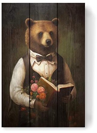 artboxONE Holzbild 45x30 cm Tiere Bär mit einem Buch von Künstler Artkuu