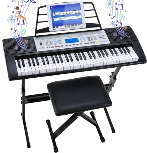 MAMIZO 61 Tasten Keyboard Piano Kit mit Ständer & Hocker,Digital Keyboard für Anfänger, Keyboard Kinder, E Piano mit 300 Klänge, 3-Stufen-Lehrmodus, LCD-Display, Notenständer