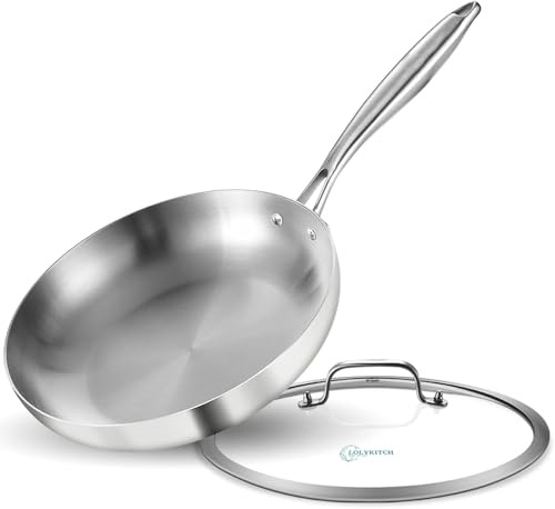 LOLYKITCH Sartén de acero inoxidable de tres capas de 24 cm con tapa, mango ergonómico remachado, compatible con estufa de inducción, calefacción uniforme y apta para horno