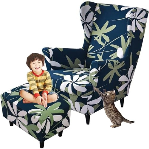 Sesselüberwürfe Elastisch 3-teilig Sesselbezug Ohrensessel Überzug Mit Ottomane Schonbezug Ohrensessel Bezug Bezug Sesselhusse Stretch Husse Für Ohrensessel (Color : #19, Size : Wingback Chair Cover