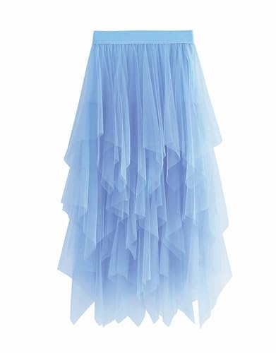 Veckad kjol för kvinnor, tyllkjol, asymmetriska kjolar, kort skater-kjol, midikjol, sommarkjol, Himmelsblått, one size