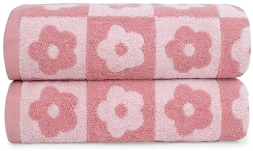 Jacquotha 2-Pieces Luxury Bath Towels Checkered Floral, Pink Towels for Women Girls Shower Body 27.5x55 Inches, Bathroom Decor & Pool Days, Cotton