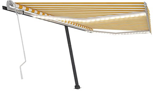 Homgoday Auvent à bras articulés avec LED - Rétractable manuellement - Protection solaire - Hauteur et angle réglables - Pour balcon et fenêtre - 400 x 300 cm - Jaune et blanc