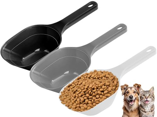 Aosnare Paquete de 3 tazas medidoras de comida para perros y gatos, capacidad de 1 taza, cuchara de plástico versátil para alimentos para mascotas con líneas de medición, 1 taza y 1/2 taza para un