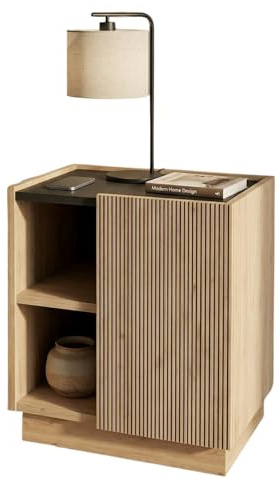Bimossa Gaia Nightstand - Modern Nightstand with Storage, 47cm Chic Bedside Table with Striped Cabinet Door and Shelves