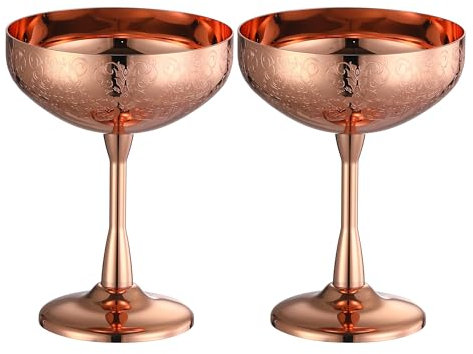 Lot de 2 verres à cocktail incassables en acier inoxydable pour margarita, manhattan, champagne gravé (plaqué cuivre)