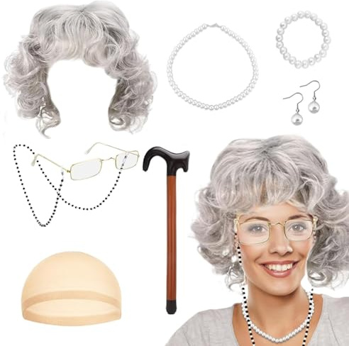 9 Stück Old Lady Kostüm Großmutter Cosplay Set Grau Oma Perücke | Perücke Brille Kette Armband Ohrringe Aufblasbarer Gehstock Oma-Perückenkappe,für Halloween Weltbuchtag Maskerade Karneval