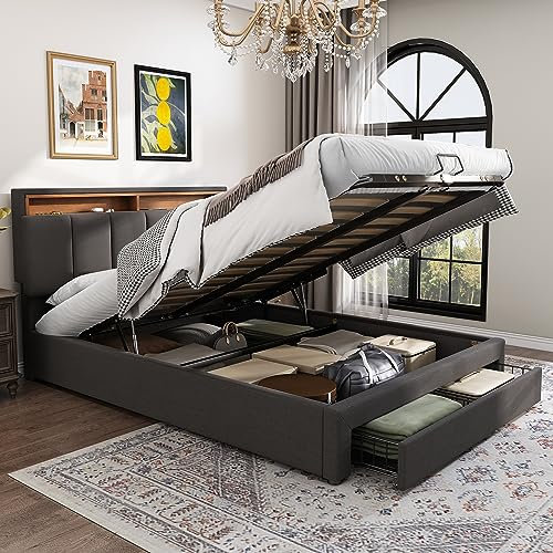 Gegtuon Polsterbett Doppelbett 140x200 cm mit LED-Beleuchtung, Bett mit Kopfteil Hydraulisch Stauraum und Schubladen, Bettgestell mit Lattenrost aus Holz für Schlafzimmer, ohne Matratze, Leinen, Grau