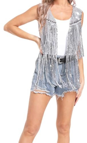 Darringls Damen Glitzer Pailletten Jacke Rave Party Outwear Blazermantel Bomberjacke Glitzer Quasten Fringe Sem Disco Jacket Langarm Lametta Fransenjacke Karneval Cowgirl-Outfit