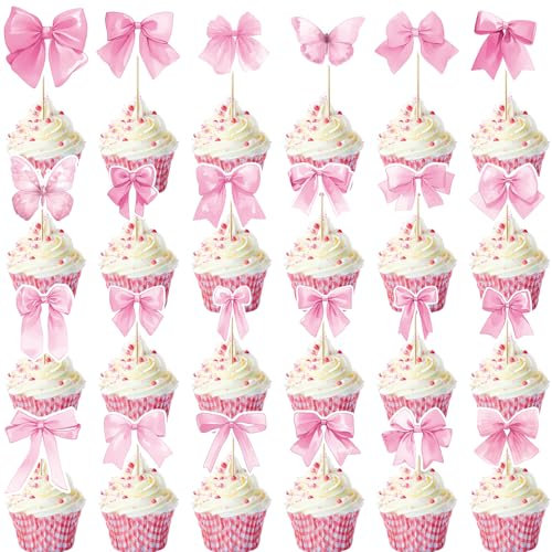 24 Uds Adornos para Cupcakes con Lazo, Adornos para Pastel con Lazo Rosa Papel de Placa de Cobre Adornos para Magdalenas con Lazo Rosa Inserto para Pastel con Pajarita para Fiesta de Lazo