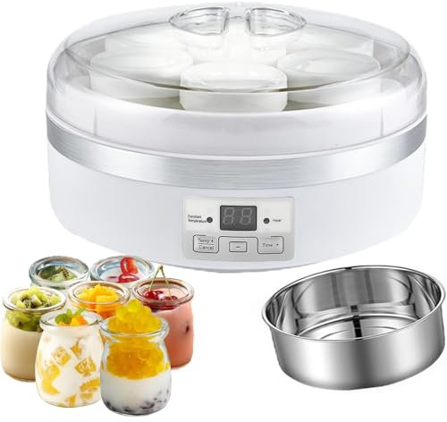 Mixtric Macchina per Yogurt Fatto, con Timer E Controllo Costante della Temperatura, con Contenitore Interno in Acciaio Inossidabile E 7 Barattoli in Vetro,Bianca