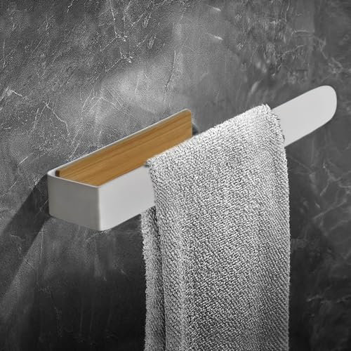 Porte Serviette Salle De Bain Mural sans Percage Cuisine Support Serviette Adhesif Murale 30 cm Blanc Bambou Barre Porte Serviette