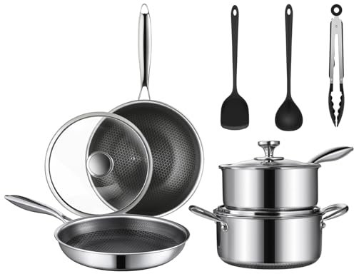 TalingMA Juego de utensilios de cocina de acero inoxidable, juego de 10 ollas y sartenes antiadherentes con tapas, sartén, olla, sartén, utensilios de cocina, no tóxicos, inducción, aptos para
