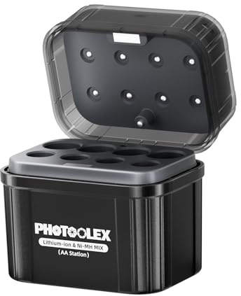 PHOTOOLEX Chargeur de Piles AA NiMH et Lithium, Piles AA Rechargeables Chargeur Hybride, indicateur LED Intelligent, boîtier de Rangement de Charge intégré, boîtier de Charge Rapide à 8 emplacements