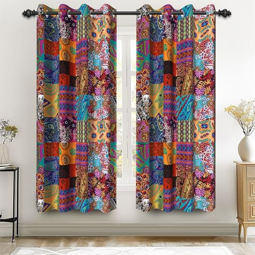 Renaiss 42 x 63 Inch Bohemian Blackout Grommet Curtains Patchwork Inspired Squares with Mandala Blooms Folk Geometric Art Thermal Insulate Window Treatments Curtains for Living Room Bedroom 2 Panels
