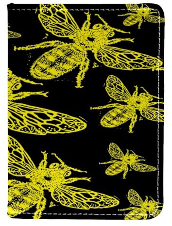 VAPOKF Reisepasshülle aus Leder, mit gelber Gravur, Biene, schwarz, 11,5 x 16,5 cm, multi, 11.5x16.5cm/4.5x6.5 in, Vintage