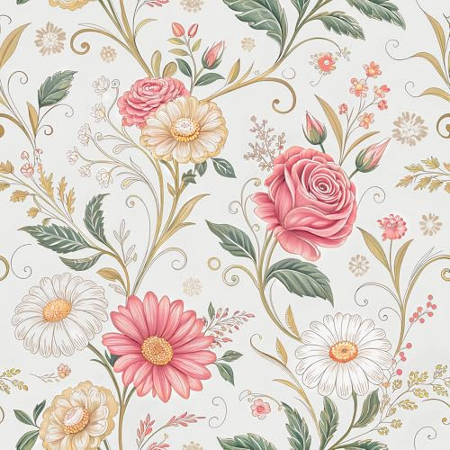 ReWallpaper 44.5CMx7M Papier Adhesif Rose Fleur Vintage Papier Peint Mural Chambre Fille Rouleau Adhesif Decoratif pour Meuble Armoire Papiers Peints Adhésif Fleurs pour Salon Corridor