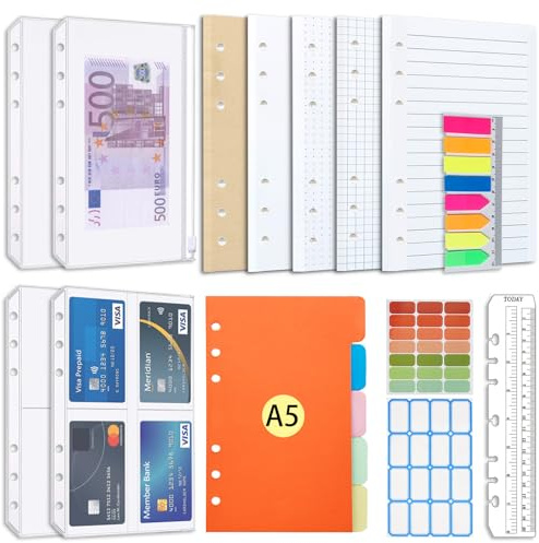 Set di ricarica di carta AQTAQ A5, foglietti adesivi ricaricabili A5 a 6 fori, 100 fogli/200 pagine, divisori colorati, foglietti adesivi colorati, righello raccoglitore ad anelli a 6 anelli