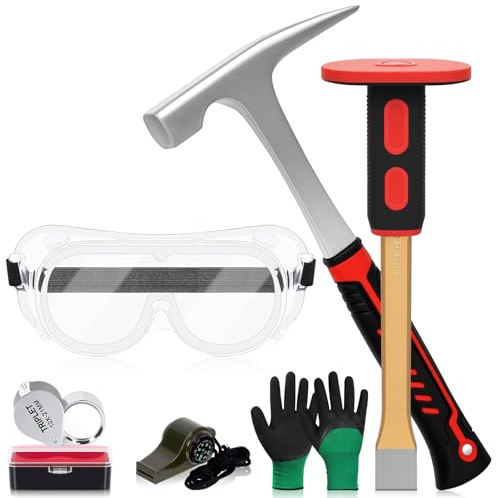 Mardatt Lot de 6 marteaux et burins géologiques, marteau de roche et burin maçon de 30,5 cm, lunettes de sécurité, sifflet, loupe de bijoutier 10 x et gants, outils de chasse au rocher pour chasse au