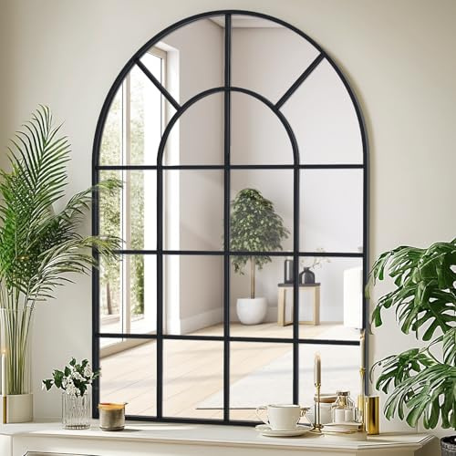 LunaMirror Espejo de pared de ventana arqueada 75 x 100 cm con marco de aluminio negro para interior, salón, pasillo, entrada, decoración de jardín al aire libre