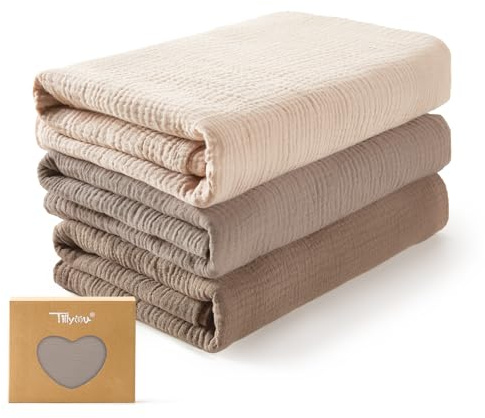 TILLYOU 3er Set Musselintücher Baby Pucktuch 75x100 cm Musselin Decke Baby Pucktücher 100% Baumwolle Babydecke, Braun