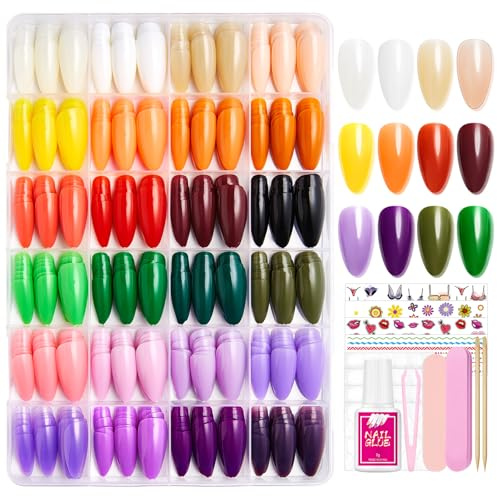 576PCS Nägel Zum Aufkleben - 24 Farben Natürlich Einfarbig Künstliche Nägel Medium Almond, Mandel Press on Nails - Full Cover Fake Nails mit Nagelkleber für Frauen (Orange Green Lila)