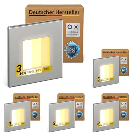 ledscom.de 5x LED Treppenlicht/Wandeinbauleuchte FEMA für innen und außen, eckig, edelstahl, 80 x 80mm, warmweiß