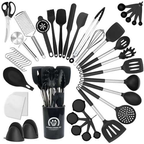44Pcs Kitchen Utensils Set, Non Stick Silicone Cooking Utensils Set with Utensil Holder & Spatulas Set, 446℉ Heat Resistant Kitchen Tools, Stainless Steel & Silicone Handle (Black)