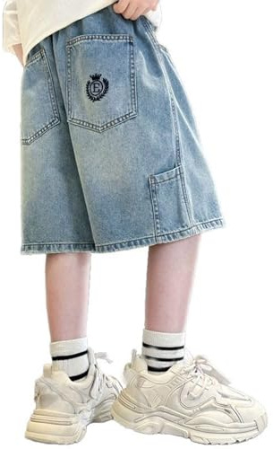 Generisch Short en jean pour garçon avec taille élastique et jambe large, décontracté, ample et avec poches