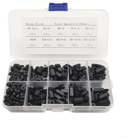 DAZZLEEX 300pcs Black Nylon Hex Spacer Standoff and Screw Nut Kit, Single and Double Pass Insulator for Circuit Board Mounting, Lightweight Non-Conductive Hardwa