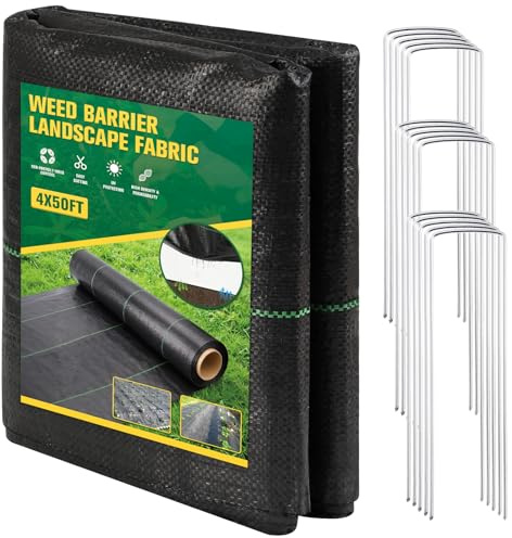 ondware Tela de barrera de malezas de 4 x 50 pies, cubierta de suelo tejida de 3.2 onzas para jardinería y paisajismo con 15 estacas en forma de U