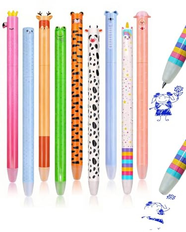 Set de 9 bolígrafos de gel borrables con tinta termo-borrable, roller de tinta 0,7 mm, color azul, con motivos de animales de dibujos animados