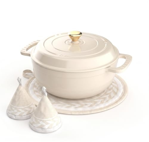 ROVSON Enamelled Cast Iron Dutch Oven, Casserole Dish with Lid and Silicone Gloves, Oven Safe Pot for Bread Baking, Braising and Stews (Ivory White, 5QT)