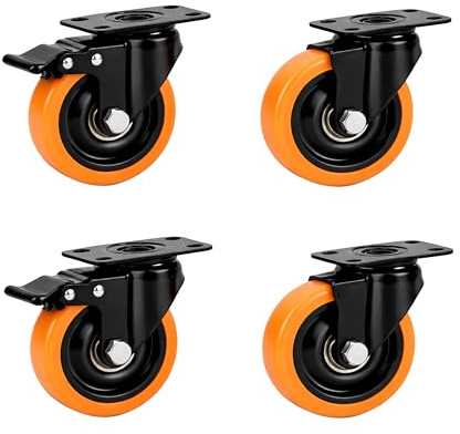 Relaxdays svängbara tunglasthjul, 4-pack, 50 mm, 400 kg, med broms, stålplatta, svart/orange