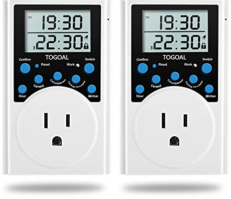 Digital Infinite Repeat Cycle Timer Plug with Countdown and 24 Hour Daily on-Off Programs for Electrical Outlets, Lights, Hydroponic Pumps (120V, 15A) [2 Pack]