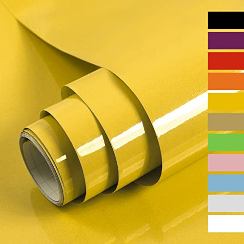 Hode Vinyl Wrap Sticky Back Plastic Roll Self Adhesive Wallpaper | 40X300cm Yellow High Gloss Adhesive Kitchen Wrap Sticky Vinyl Roll for Kitchen Furniture Stickers Covering Contact Paper