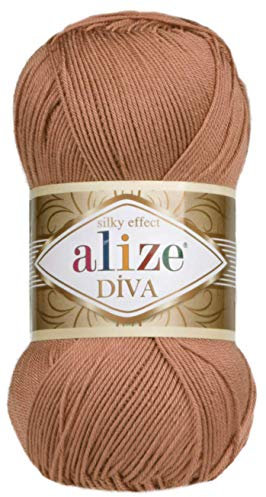 Handstrickgarn, 100 % Mikrofaser, Acrylgarn, Alize Diva, Seideneffekt, Häkeln, Kunst, Spitze, Handwerk, 4 Knäuel, 400 g, 1500 m, Farbe (261 Rotbraun)