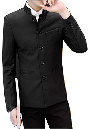 Men's Chinese Tunic Suits Mandarin Collar Formal Jacket Slim Fit Front Button Blazer Traditional Uniform Groom Dress (Black, L)