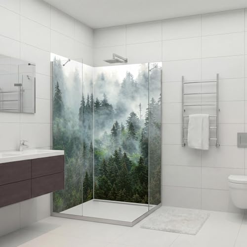 dedeco Eck-Duschrückwand wasserfest mit Wald V1 Motiv - 2 x 90x200 cm, als Badrückwand zum Fliesenersatz, als Dekorwand, Wandverkleidung und Duschplatte aus hochwertigem Aluminium - Made in Germany