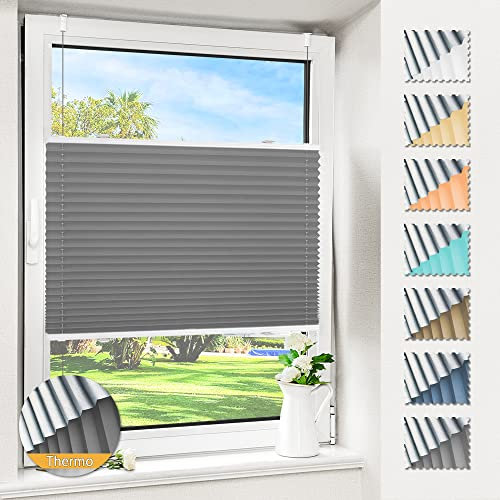 Magiea Plissee ohne Bohren verdunkelung, Thermo Plisseerollo Klemmfix, Grau 90x150cm(BxH), Verdunklungsplissee 100% lichtundurchlässig, Faltrollo für Fenster, Sichtschutz Sonnenschutz