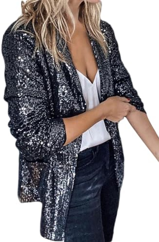 Onsoyours Femme Boléro Paillette Brillante Blazer Cardigan Soirée Cocktail Cérémonie Fête Danse Bal Haut Sequins Manche Longue Clubwear A Noir XL