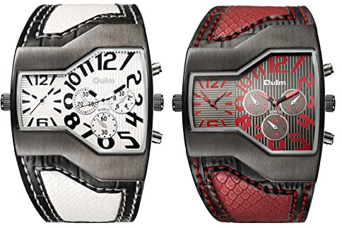 JewelryWe Reloj de pulsera de cuero militar para hombre, esfera grande, cuarzo, para el día del padre, 2 unidades (blanco y rojo), japonés