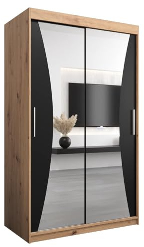 MEBLE KRYSPOL Kleiderschrank mit Spiegel Monaco - Garderobenschrank - Schrank Schlafzimmer - Mehrzweckschrank Zwei Schiebetüren - Regalen - Flur Möbel - Kleiderstange Schrank - Allzweckschrank