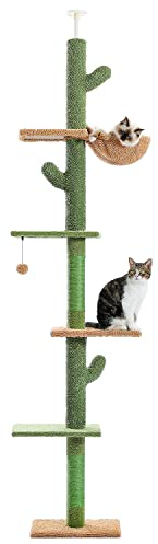 PAWZ Road Cactus Cat Tree Floor to Ceiling Cat Tower with Adjustable Height(239-275cm), 5 Tiers Cat Climbing Activity Center with Cozy Hammock, Platforms and Dangling Balls for Indoor Cats