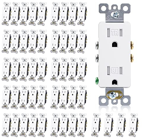 ELEGRP Decorator Wall Receptacle Outlet, Tamper Resistant 15 Amp Standard Electrical Wall Outlet, Residential Grade, Self-grounding, 125V, 2 Pole 3 Wire, 5-15R, UL Listed, Glossy White, 50 Pack