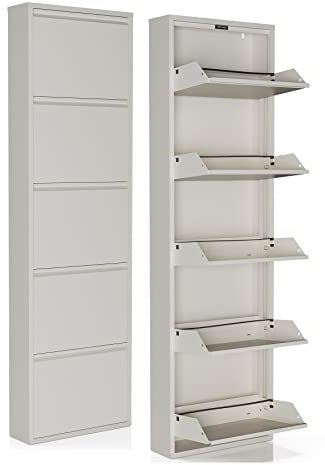 FS Fest&Söhne Schuhregal Metall Schuhschrank Schuhkipper mit Klappen und Wandmontage (5X Klappen, Weiss)