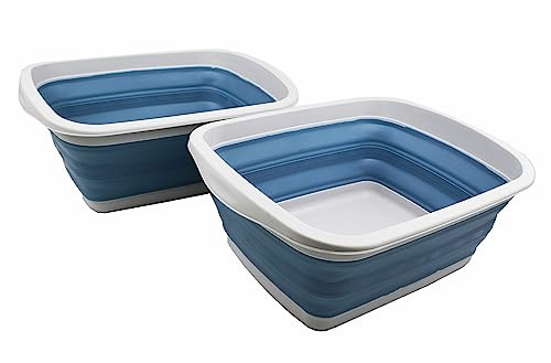 SAMMART 10L (2.6 gallons) Collapsible Plastic Washing Tub-Foldable Tub-Portable Washing Basin/Washtub-Space Saving Outdoor Pop up (Grey/Steel Blue (Set of 2))